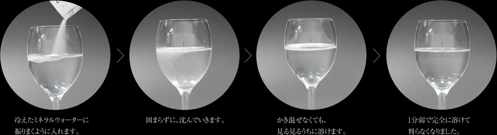 冷えたミネラルウォーターに入れると1分弱で完全に溶けて判らなくなります。